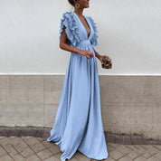 Jill | Maxi Jurk Dames met Elegante Ruches en V-hals - Vloeiend, Feestklaar en Vrouwelijk - Blauw / Rood / Groen