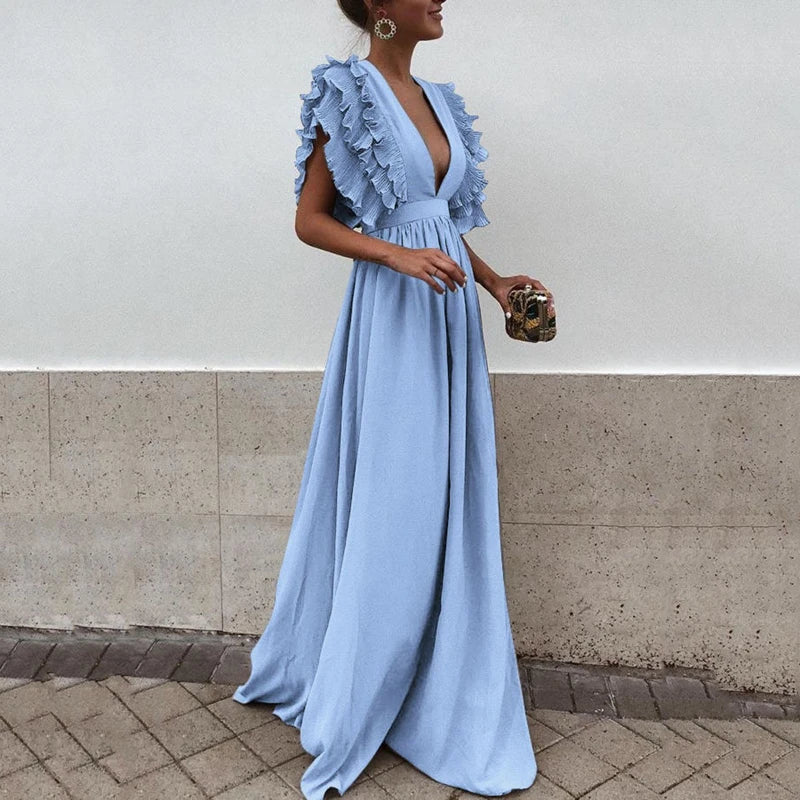 Jill | Maxi Jurk Dames met Elegante Ruches en V-hals - Vloeiend, Feestklaar en Vrouwelijk - Blauw / Rood / Groen
