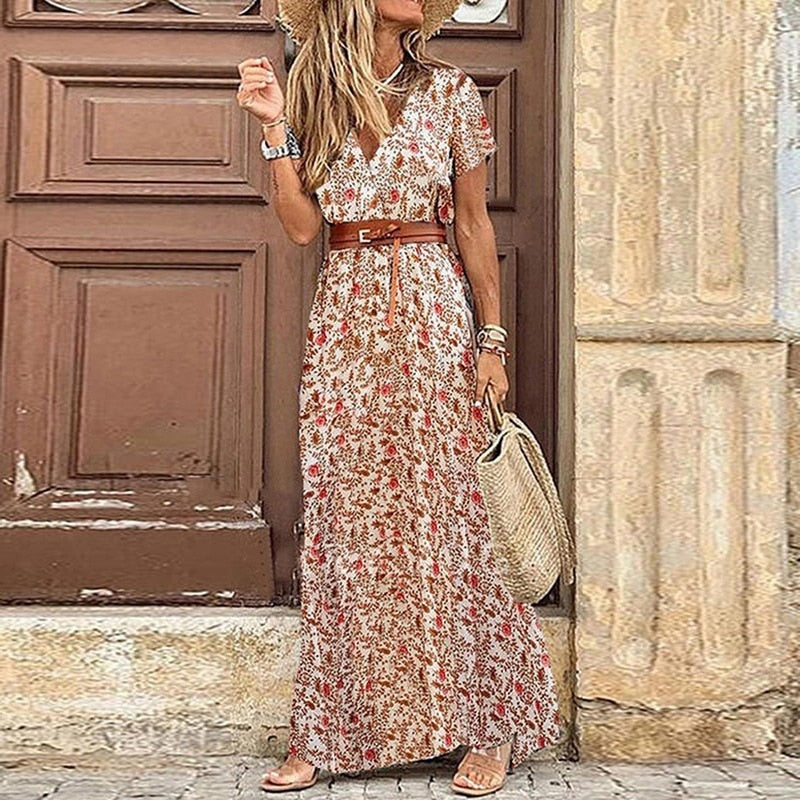 Dames Boho Maxi Jurk Bloemenprint met Riem Vintage Casual Zomer - Rood / Blauw / Groen - Maelen