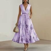 Bloemen Maxi Jurk Dames met Plissé Rok, V-hals en Lange Mouw - Aurora Bellini