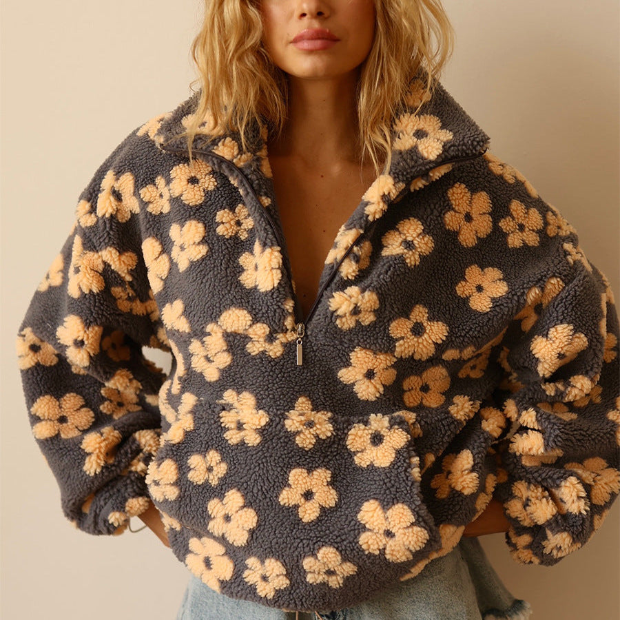 Elena Dames fleece sweatshirt – warm zwart shirt met hoge kraag en grote zak