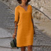 Linnen Midi Jurk Dames V-hals | Luchtige Zomerjurk Loose Fit – Villa Toscana
