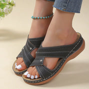 Dames Orthopedische Sandalen met Perforatie, Kruisende Bandjes en Ondersteunende Zool - Beige/Bruin/Blauw