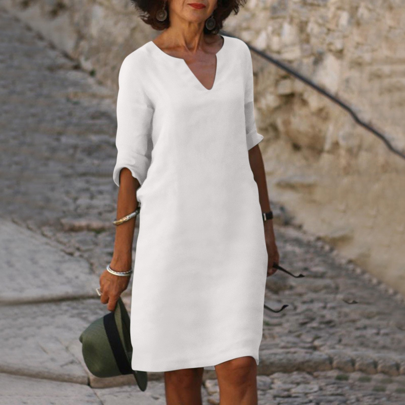 Linnen Midi Jurk Dames V-hals | Luchtige Zomerjurk Loose Fit – Villa Toscana