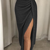 Soraya Avondjurk | Strapless Maxi Jurk met Hoge Split en Halflange Mouwen