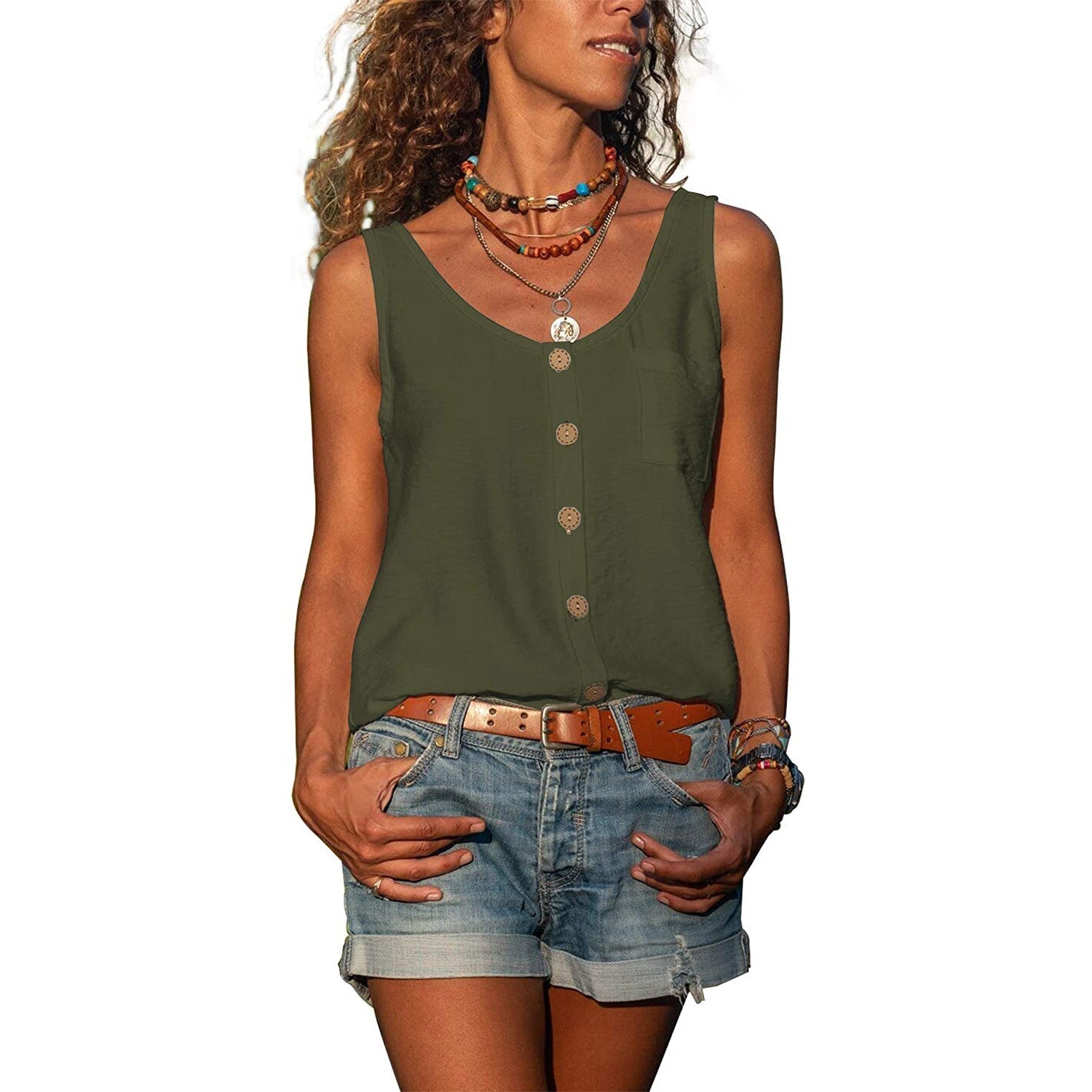 Katoenen Mouwloze Blouse Dames met Knoopjes en Ibiza-stijl - Grijs / Wit / Zwart