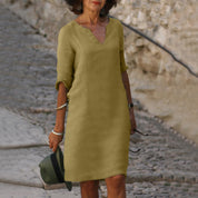 Linnen Midi Jurk Dames V-hals | Luchtige Zomerjurk Loose Fit – Villa Toscana