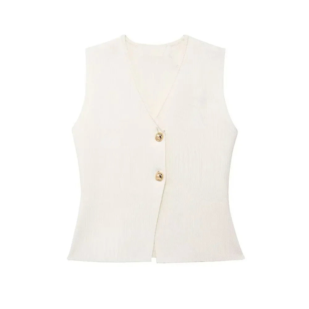 Giulia Gilet Top | Mouwloze V-Hals Top met Knopen en Stockholm-Chic Uitstraling