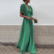 Jill | Maxi Jurk Dames met Elegante Ruches en V-hals - Vloeiend, Feestklaar en Vrouwelijk - Blauw / Rood / Groen