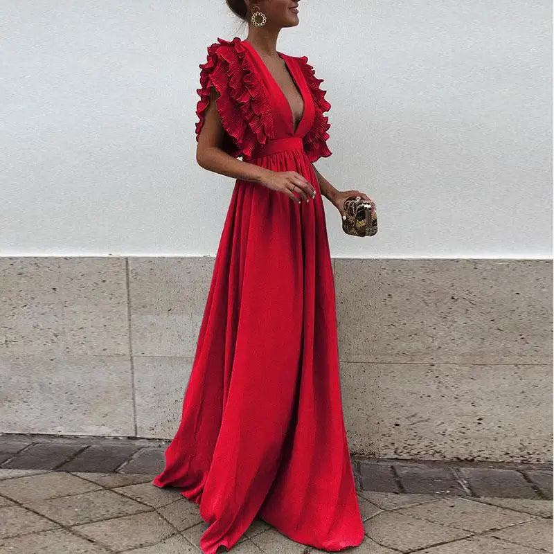 Jill | Maxi Jurk Dames met Elegante Ruches en V-hals - Vloeiend, Feestklaar en Vrouwelijk - Blauw / Rood / Groen