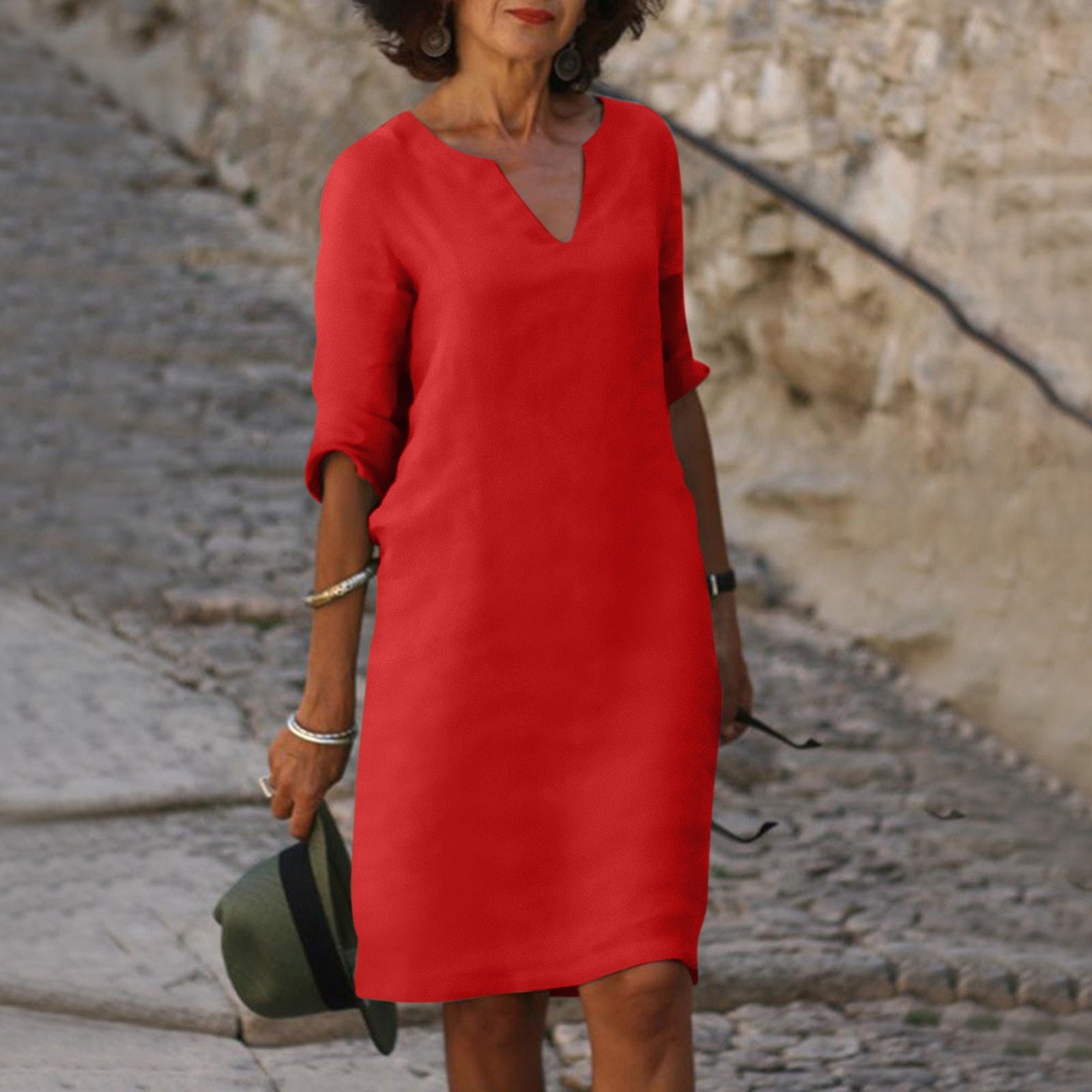 Linnen Midi Jurk Dames V-hals | Luchtige Zomerjurk Loose Fit – Villa Toscana