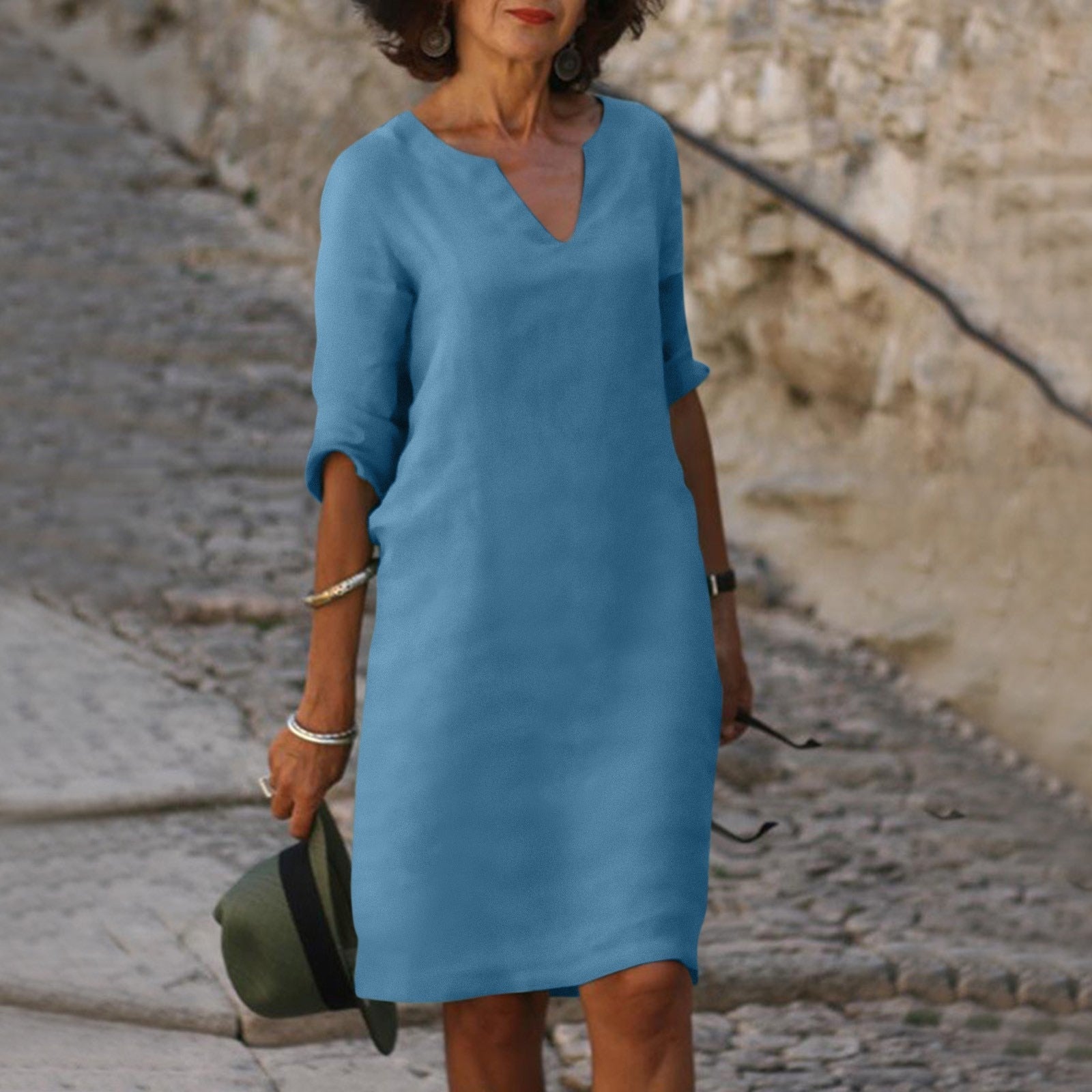 Linnen Midi Jurk Dames V-hals | Luchtige Zomerjurk Loose Fit – Villa Toscana