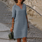 Linnen Midi Jurk Dames V-hals | Luchtige Zomerjurk Loose Fit – Villa Toscana