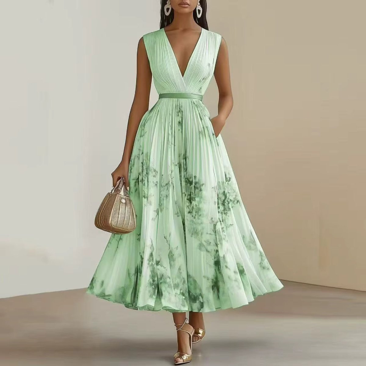Bloemen Maxi Jurk Dames met Plissé Rok, V-hals en Lange Mouw - Aurora Bellini