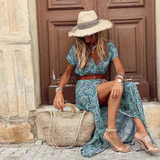 Dames Boho Maxi Jurk Bloemenprint met Riem Vintage Casual Zomer - Rood / Blauw / Groen - Maelen