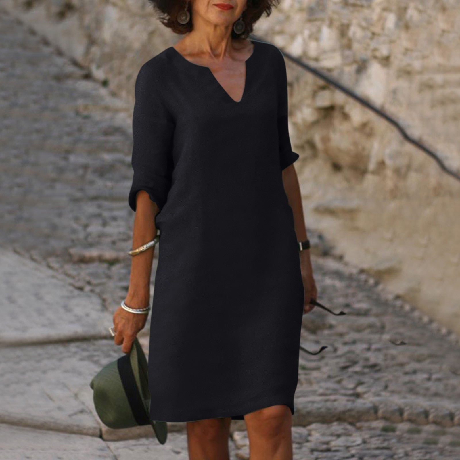 Linnen Midi Jurk Dames V-hals | Luchtige Zomerjurk Loose Fit – Villa Toscana