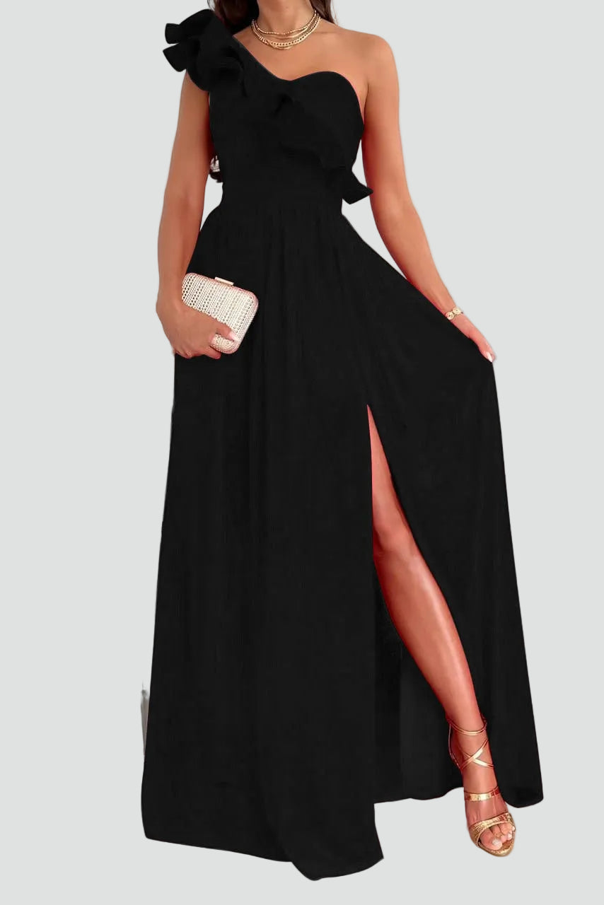 Maxi Avondjurk voor Bruiloft met Split en Volant, One Shoulder Galajurk - Beige/Rood/Zwart