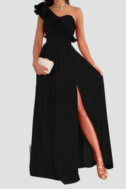 Maxi Avondjurk voor Bruiloft met Split en Volant, One Shoulder Galajurk - Beige/Rood/Zwart