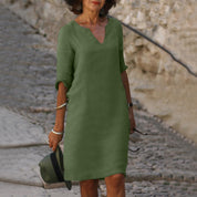 Linnen Midi Jurk Dames V-hals | Luchtige Zomerjurk Loose Fit – Villa Toscana