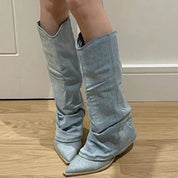 Giada Boots | Denim Slouch Boots met Spitse Neus en Western Look