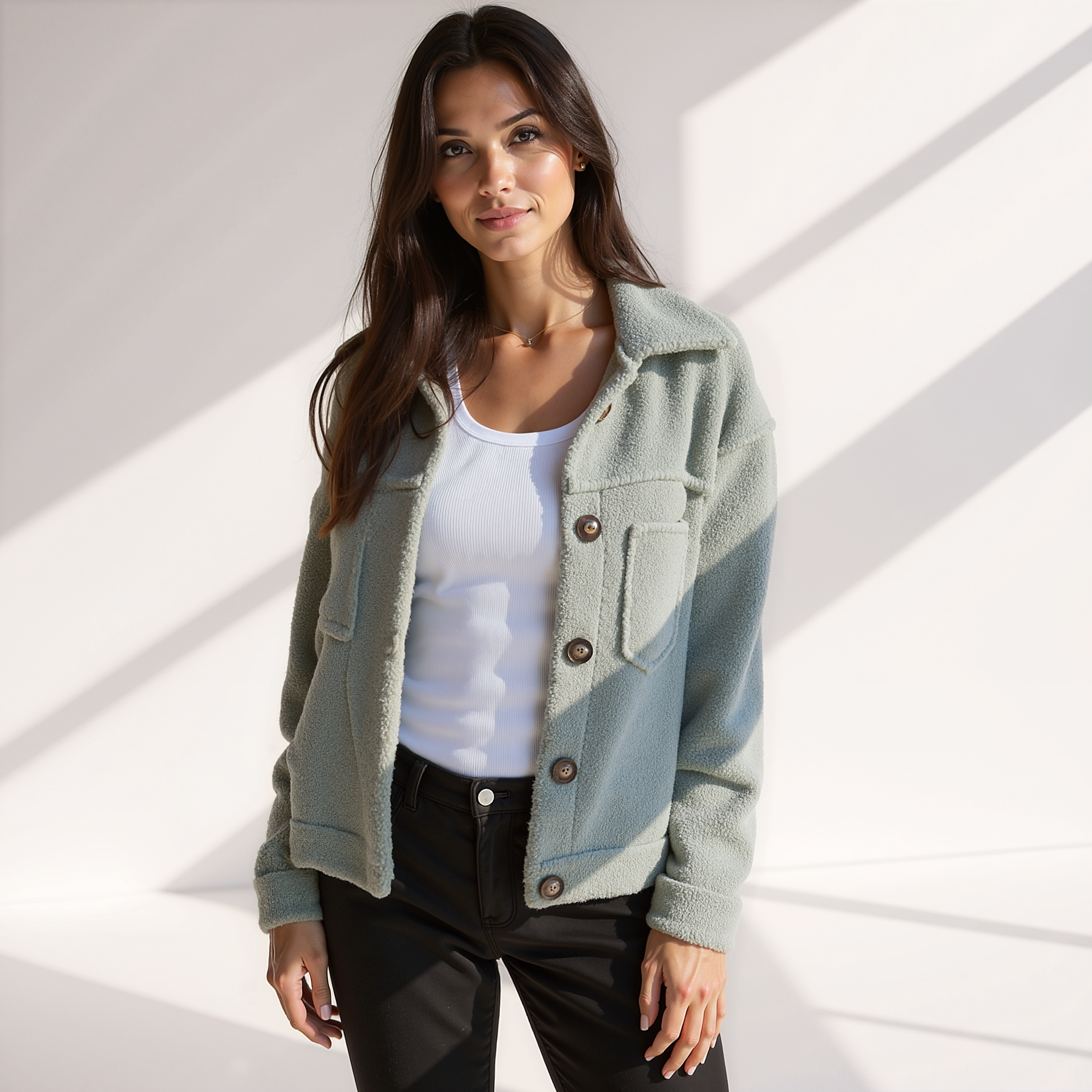 Luna Dames teddy winterjas – zachte beige jas met knopen en comfortabele fit