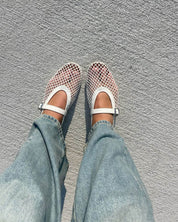 Juliette Mesh Ballerina's Dames met Ademend Mesh, Leren Details en Gesp - Wit/Zilver/Zwart