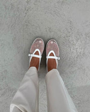 Juliette Mesh Ballerina's Dames met Ademend Mesh, Leren Details en Gesp - Wit/Zilver/Zwart