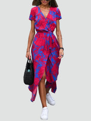 Middellange Koperen Jurk met V-hals en Strik in de Taille, Overslagjurk met Split - Blauw/Rood/Roze