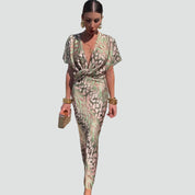 Verleidelijke Luchtige Maxi Jurk Dames met Overslaghalslijn, Diepe V-hals en Dierenprint - Groen/Roze/Beige