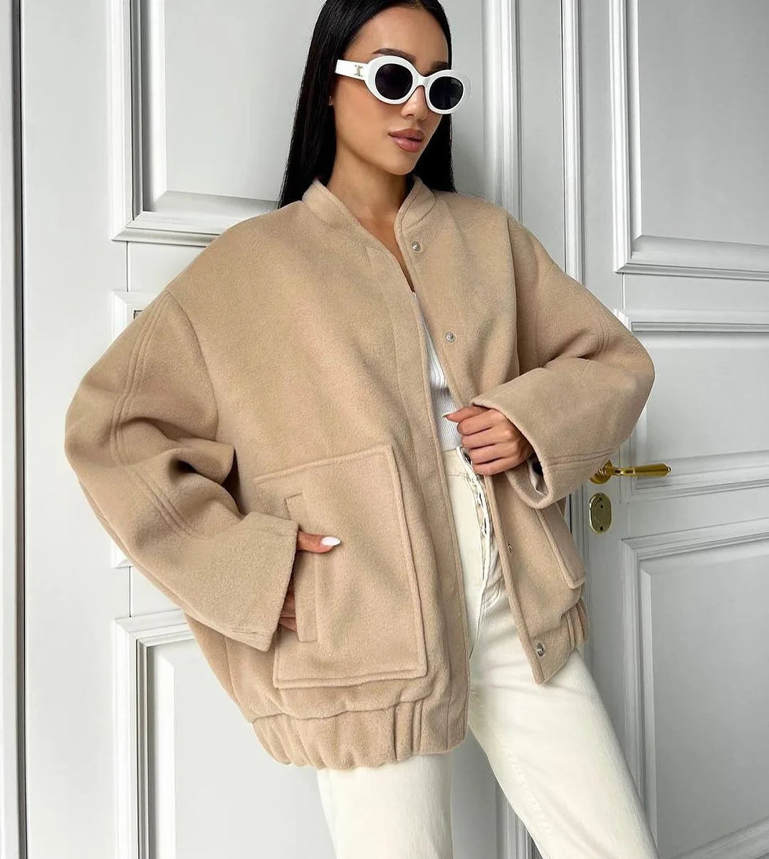 Valentina Jas | Oversized Dames Bomberjack met Drukknoopsluiting en Opstaande Kraag