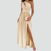 Maxi Avondjurk met Eén Schouder en een Split aan de Zijkant, One Shoulder Galajurk met Uitsnijding - Beige/Zwart/Rood