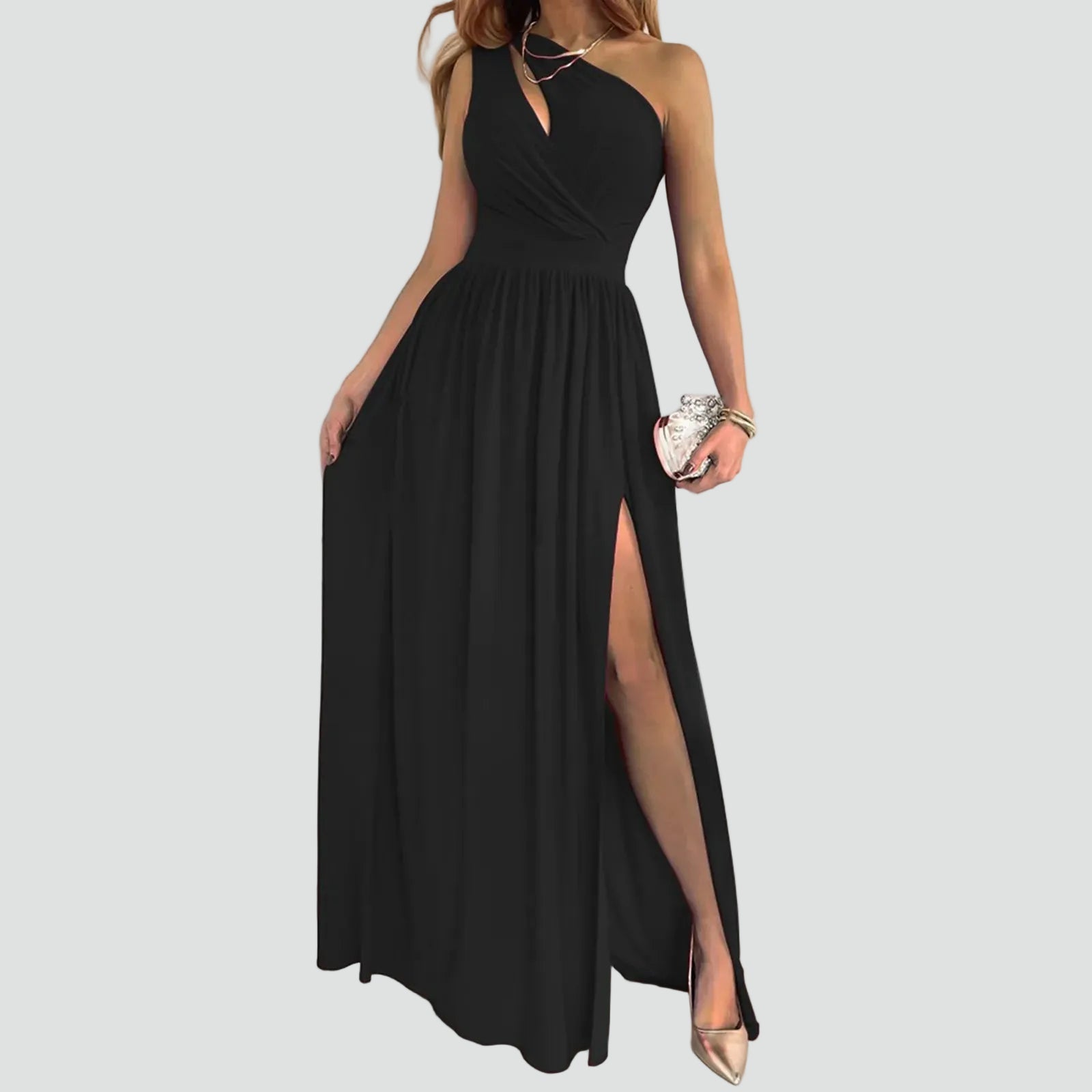 Maxi Avondjurk met Eén Schouder en een Split aan de Zijkant, One Shoulder Galajurk met Uitsnijding - Beige/Zwart/Rood