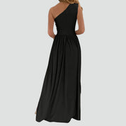 Maxi Avondjurk met Eén Schouder en een Split aan de Zijkant, One Shoulder Galajurk met Uitsnijding - Beige/Zwart/Rood