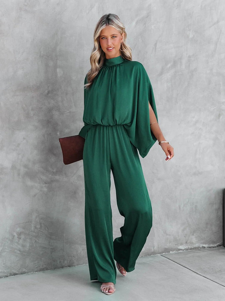 Aveline Jumpsuit | Elegante Jumpsuit met Wijde Pijpen en Lange Mouwen in Groen