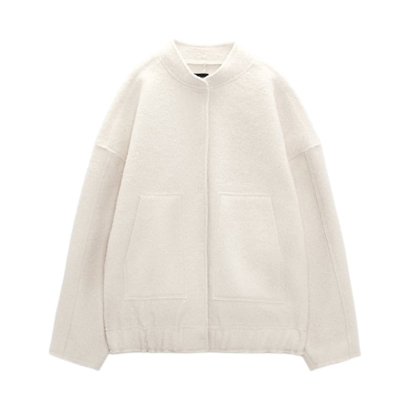 Daphne Mantel | Oversized Wollen Mantel met Ronde Hals en Verborgen Knopen