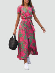 Middellange Koperen Jurk met V-hals en Strik in de Taille, Overslagjurk met Split - Blauw/Rood/Roze