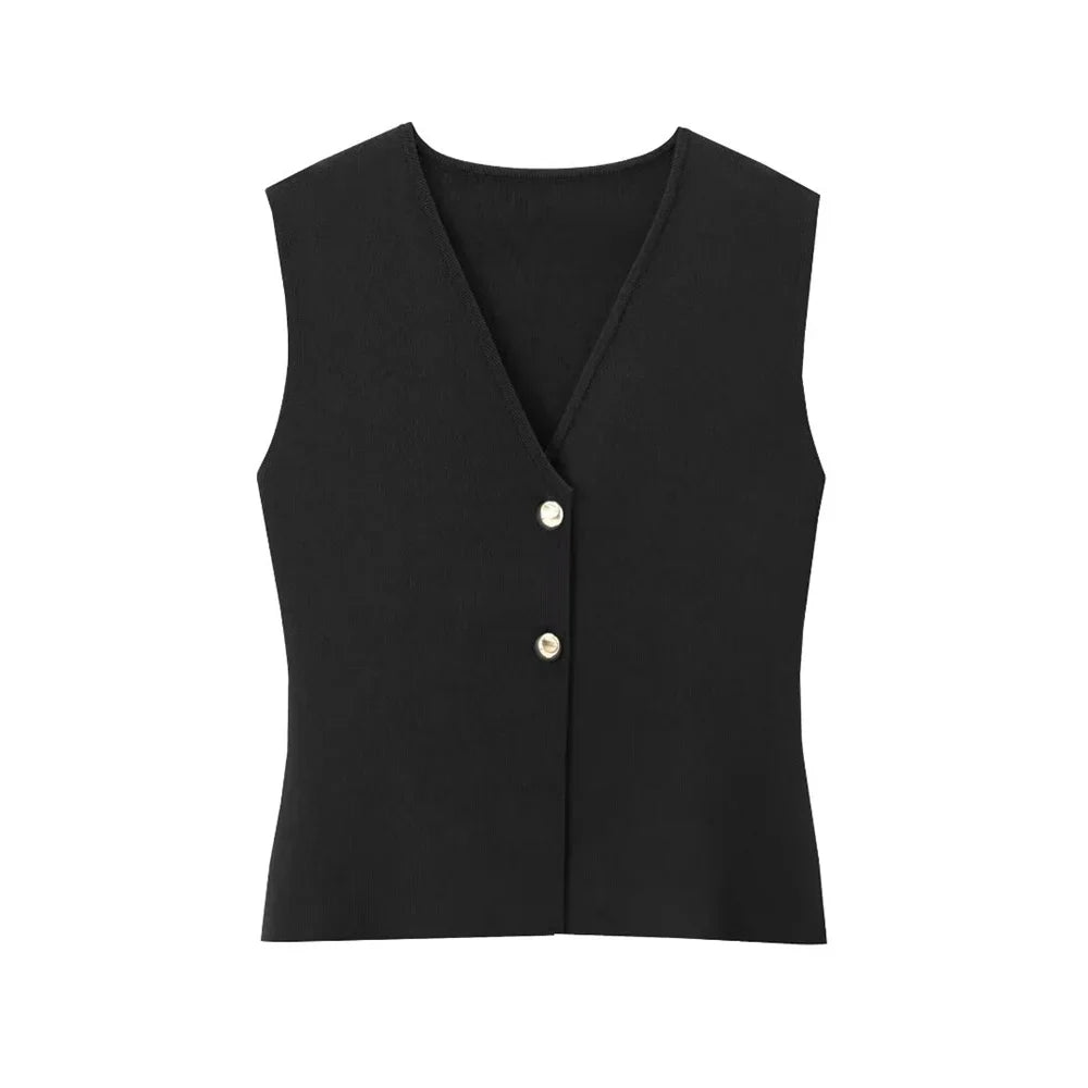 Giulia Gilet Top | Mouwloze V-Hals Top met Knopen en Stockholm-Chic Uitstraling