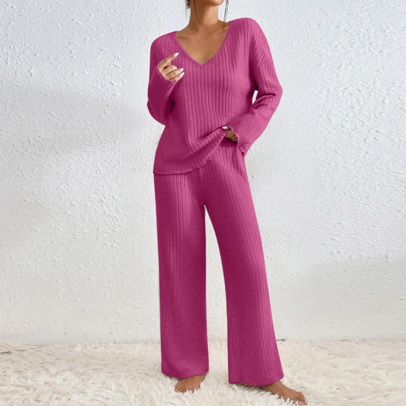 Lena Set | Gebreide Dames Loungewear Set met V-hals en Luchtige Pasvorm voor de Lente