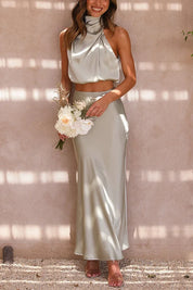 Elena Avondjurk Set | Tweedelige Haltertop met Lange Rok en Plooien