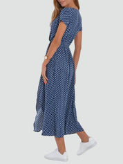 Middellange Koperen Jurk met V-hals en Strik in de Taille, Overslagjurk met Split - Blauw/Rood/Roze