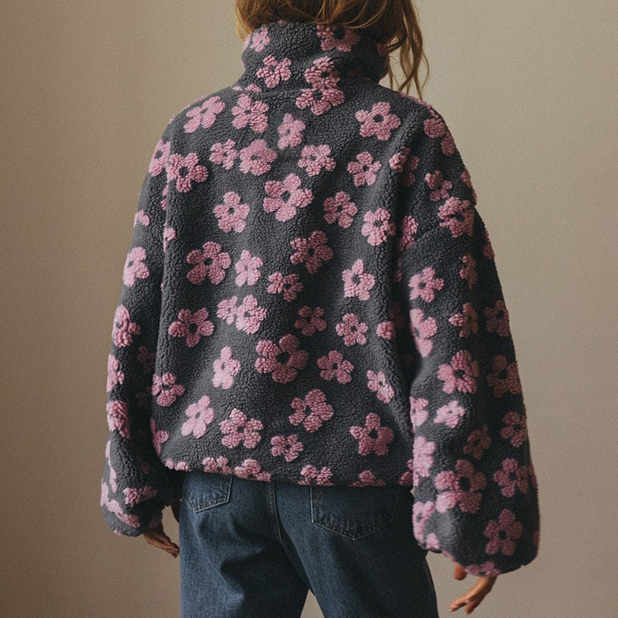 Elena Dames fleece sweatshirt – warm zwart shirt met hoge kraag en grote zak