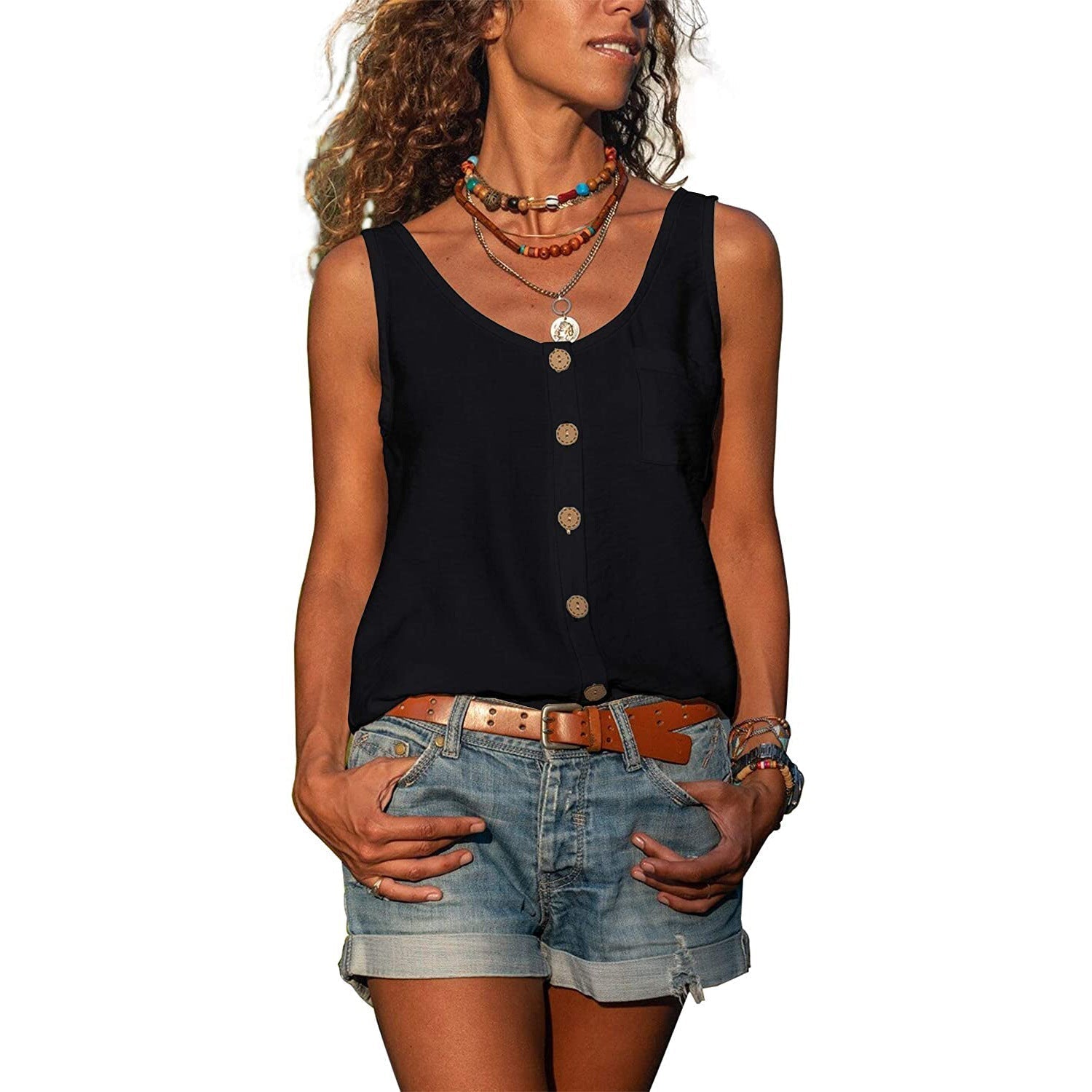 Katoenen Mouwloze Blouse Dames met Knoopjes en Ibiza-stijl - Grijs / Wit / Zwart