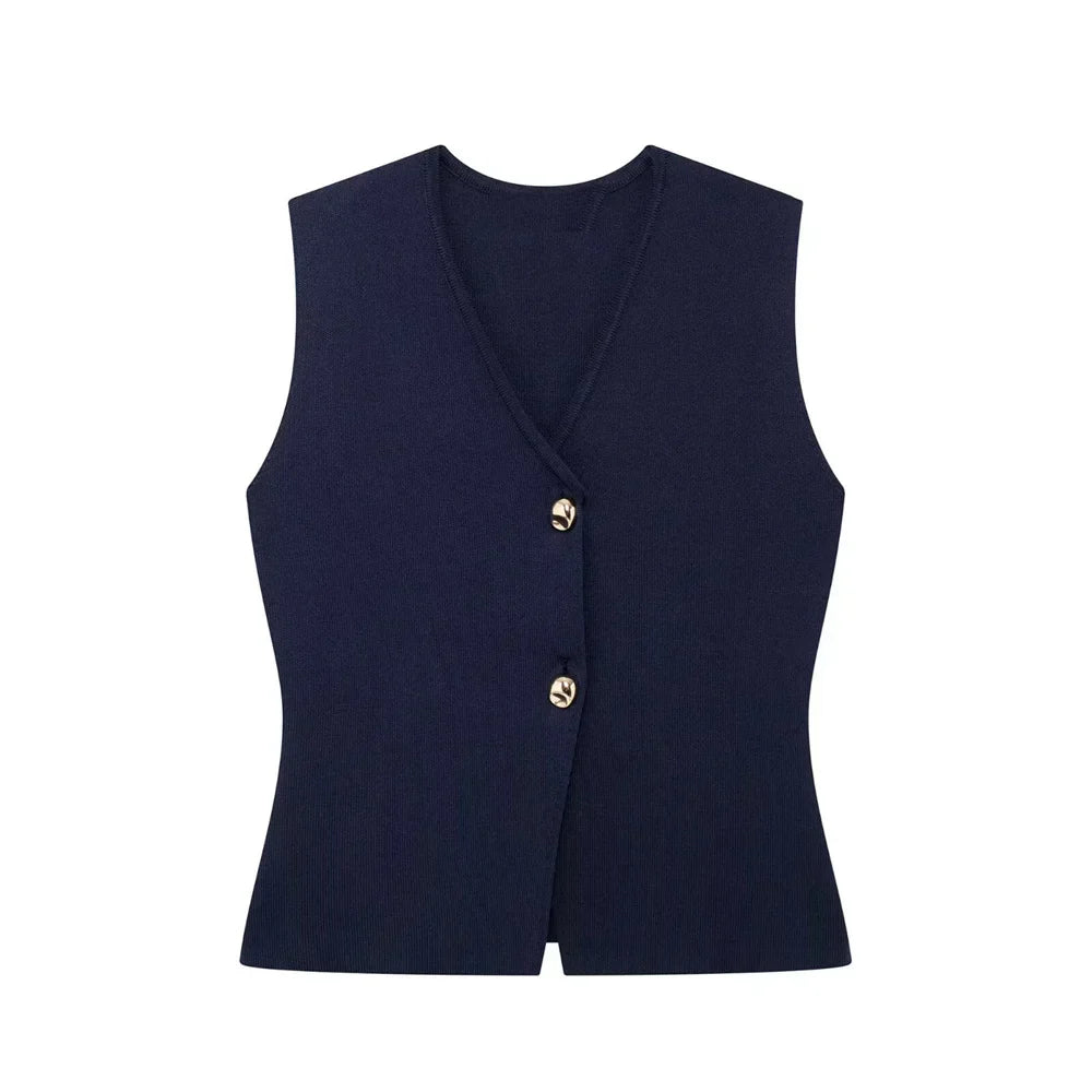 Giulia Gilet Top | Mouwloze V-Hals Top met Knopen en Stockholm-Chic Uitstraling