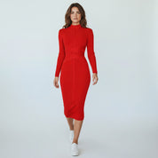 Midi Jurk Dames met Kraag en Lange Mouwen Getailleerd - Bruin / Zwart / Rood - Maelen