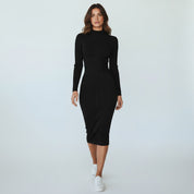 Midi Jurk Dames met Kraag en Lange Mouwen Getailleerd - Bruin / Zwart / Rood - Maelen