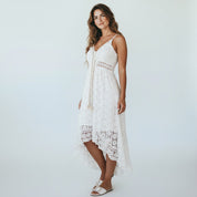 Maxi Jurk Dames Bohemian Kant met V-Hals en Asymmetrische Zoom - Wit - Maelen