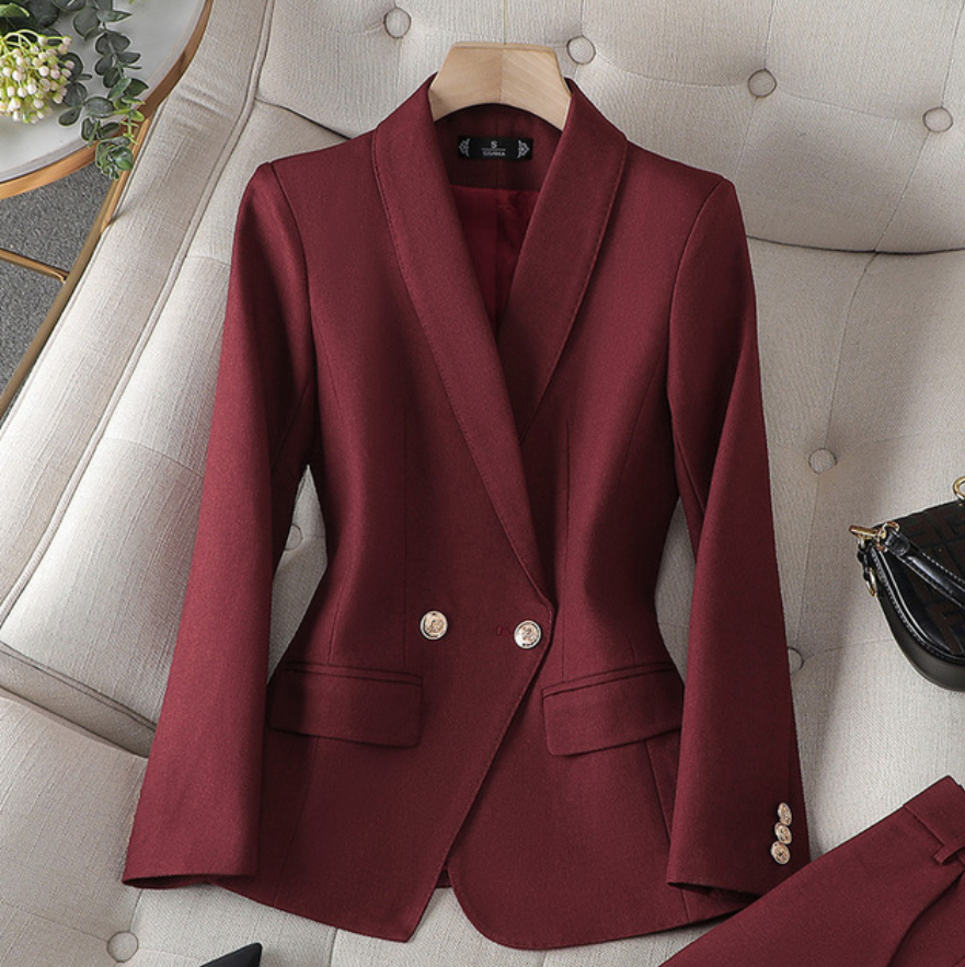 Sofia | Getailleerde Blazer en Elegante Broek Set Dames - Chique, Kantoorklaar en Veelzijdig - Bordeaux / Zwart / Grijs