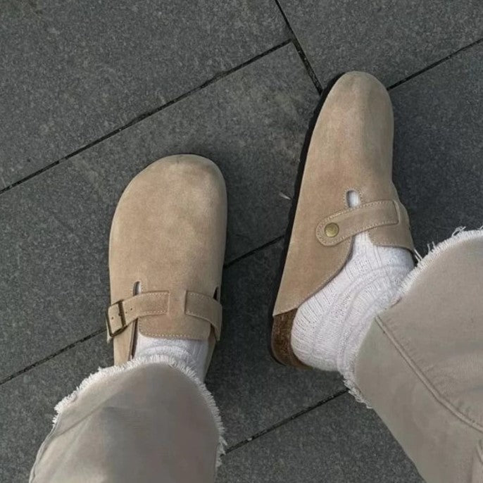 Suède Clogs Dames met Gesloten Neus en Verstelbare Gesp - Bruin / Beige / Zwart - Boston-Sandalen