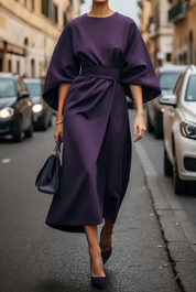Dames Midi Jurk Lantaarnmouwen Gedrapeerde Taille A-lijn Elegant Avond - Marineblauw / Zwart / Bordeaux - Maelen