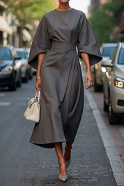Dames Midi Jurk Lantaarnmouwen Gedrapeerde Taille A-lijn Elegant Avond - Marineblauw / Zwart / Bordeaux - Maelen